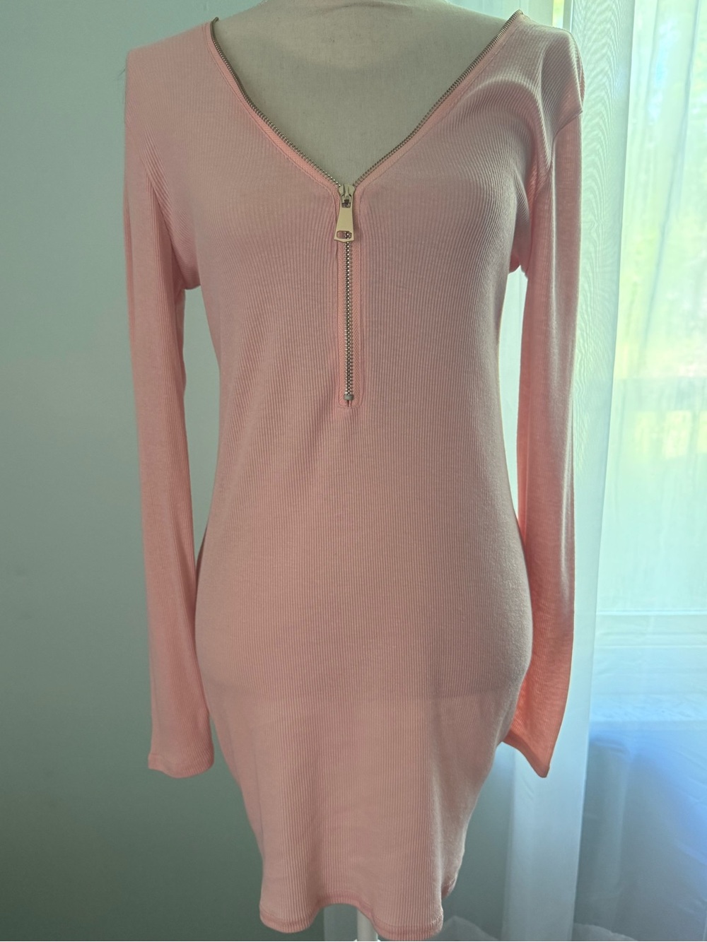 Light Pink Ribbed Long Sleeve Zip-Up Midi Dress / Small / SMALL FLAW - READ!!